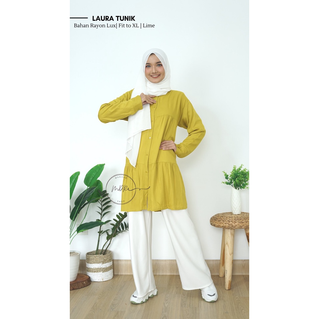 Laura Tunik Baju Atasan Wanita Muslim Busui Jumbo Polos Bahan Rayon Lux Premium Adem Fit to XL Ld 114 - Pakaian Wanita Remaja Full Kancing Depan Terbaru - Tunik Putih Basic Lengan Panjang Terlaris