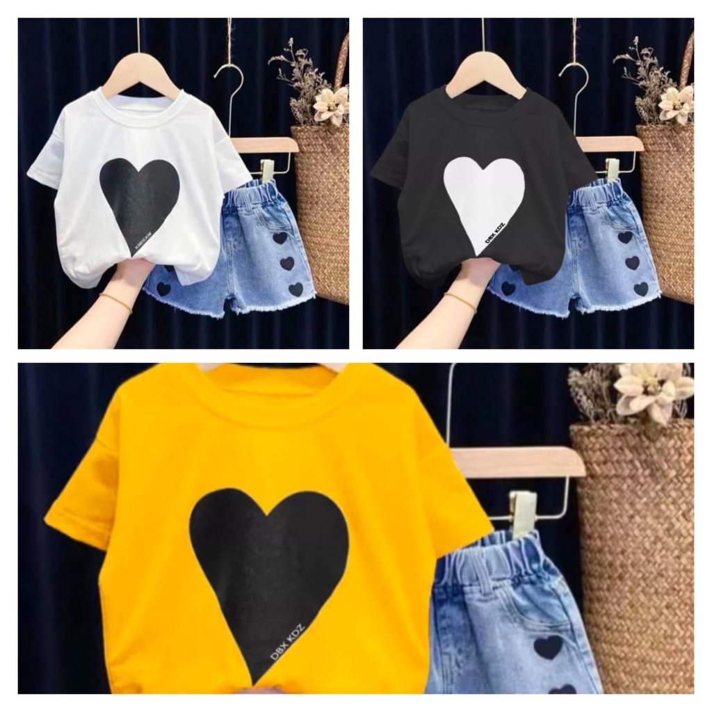 JEANS SET | SETELAN ANAK PEREMPUAN 1-5 TAHUN TERBARU SETELAN SOFT JEANS LOVE CELANA PENDEK TERBARU