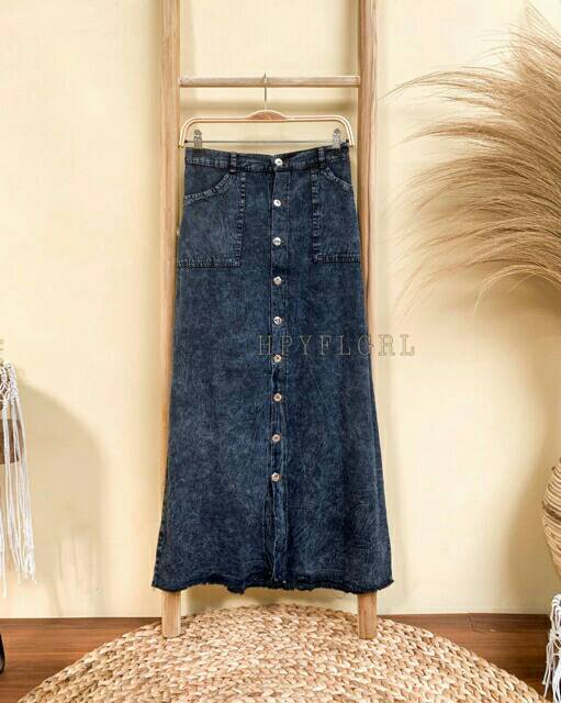 LADY ROK BUTTON | ROK JEANS PANJANG KANCING DEPAN BUTTON UP MAXI SKIRT SNOW TERBARU BEST SELLER