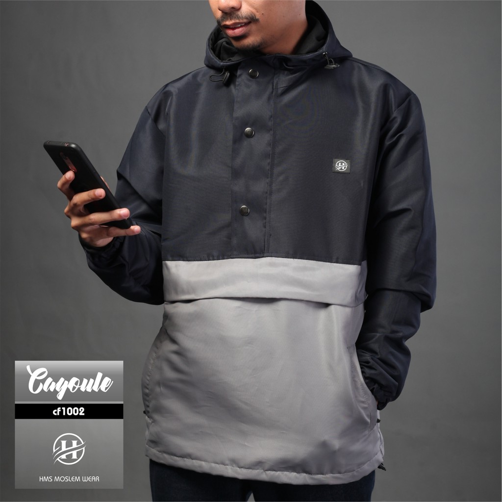 HMS jaket pria distro jaket  cougle jaket water proof jaket warna black and grey Kode art CF328