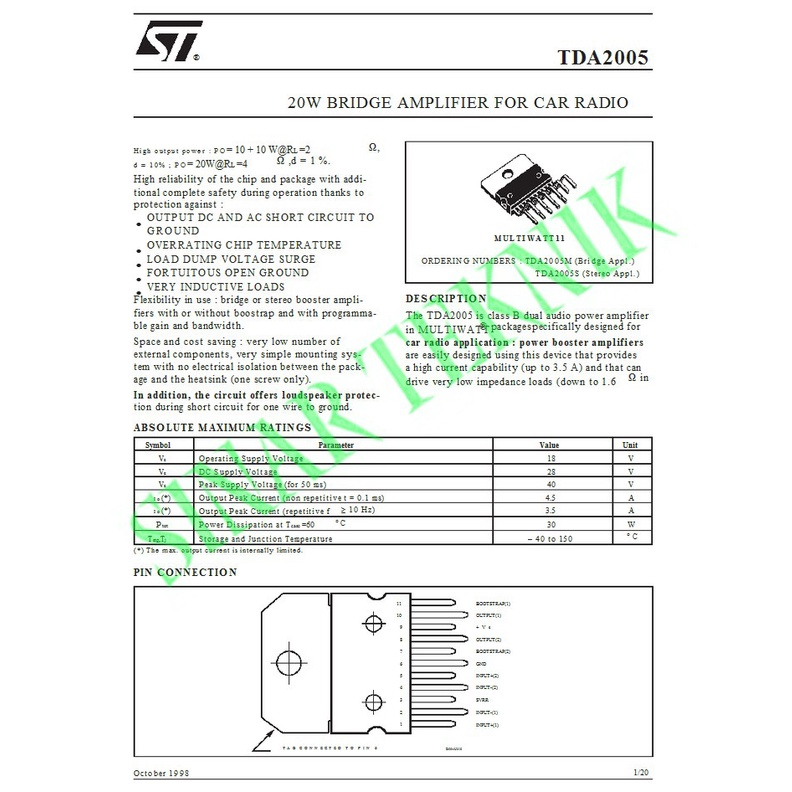 TDA 2005 Genuine ( 20 Stereo IC Amplifier ) ST Asli Kualitas Bagus IC TDA2005