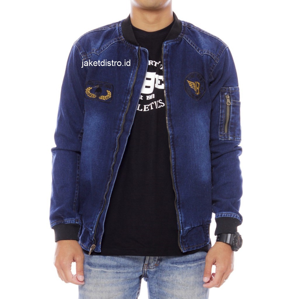 Jaket Jeans Pria Denim The Bery Bordir - Jaket Bomber Jeans Pria The Bery TB Kerah