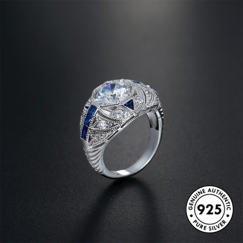 Cincin Berlian Biru Bahan S925 Silver Gaya Elegan