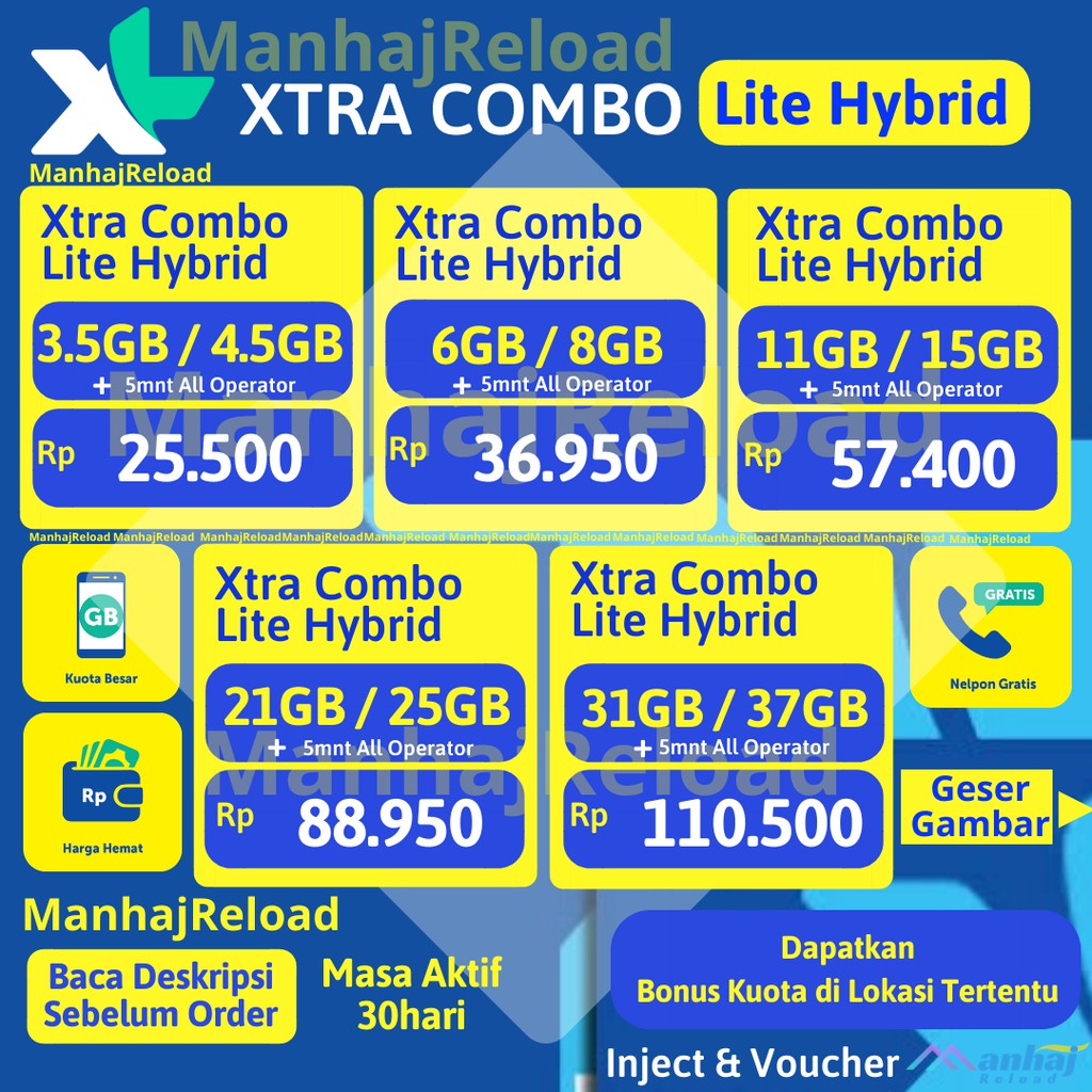  MURAH  XL INJEK XTRA COMBO LITE HYBRID : 3.5GB/4.5GB, 6GB/8GB, 11GB/15GB, 21GB/25GB, 31GB ...