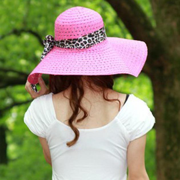 topi pita leopard / leopard bow straw sun hat (1A3) JTO013