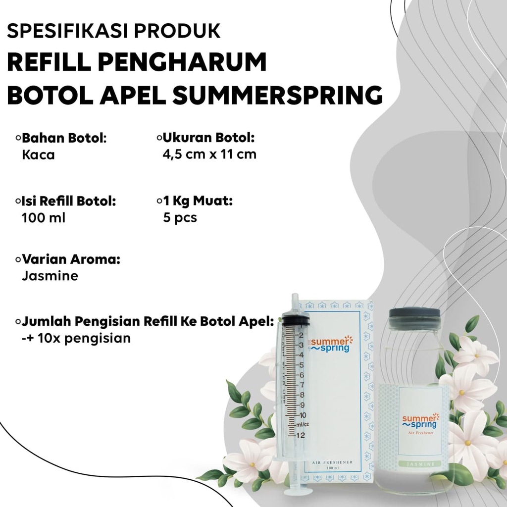 Parfum Mobil Pengharum Ruangan Pewangi Kamar Tidur Harum Summer Spring | Refill Apel | Aroma Jasmine