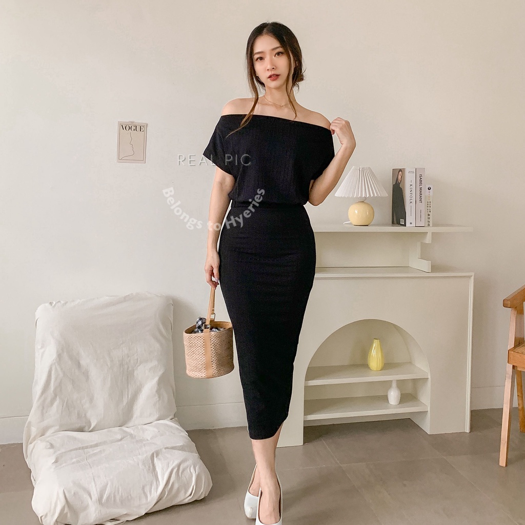 HYERIES Sihyeon set / Atasan Casual Wanita Korea Sabrina One Shoulder / Off Shoulder Top / Blouse Wanita / Sabrina top / Rok highwaist skirt / Rok span / Dress kondangan / Skirt Bodycon dress / Simple dress korea / Sabrina dress polos / Rok kerja