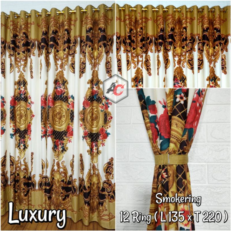 Gorden Korden Jendela Tirai Pintu Model Smokering Motif Luxury coklat Atau Batik Sultan 135×220 CM