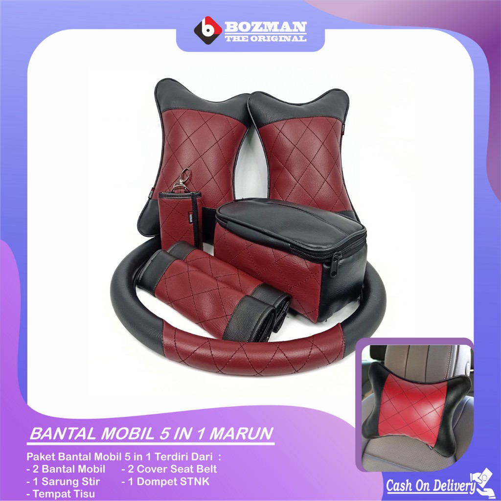 Set Bantal Mobil 5 in 1 Bantal Mobil Seatbelt Sarung Stir Dompet STNK Tempat Tissue Premium