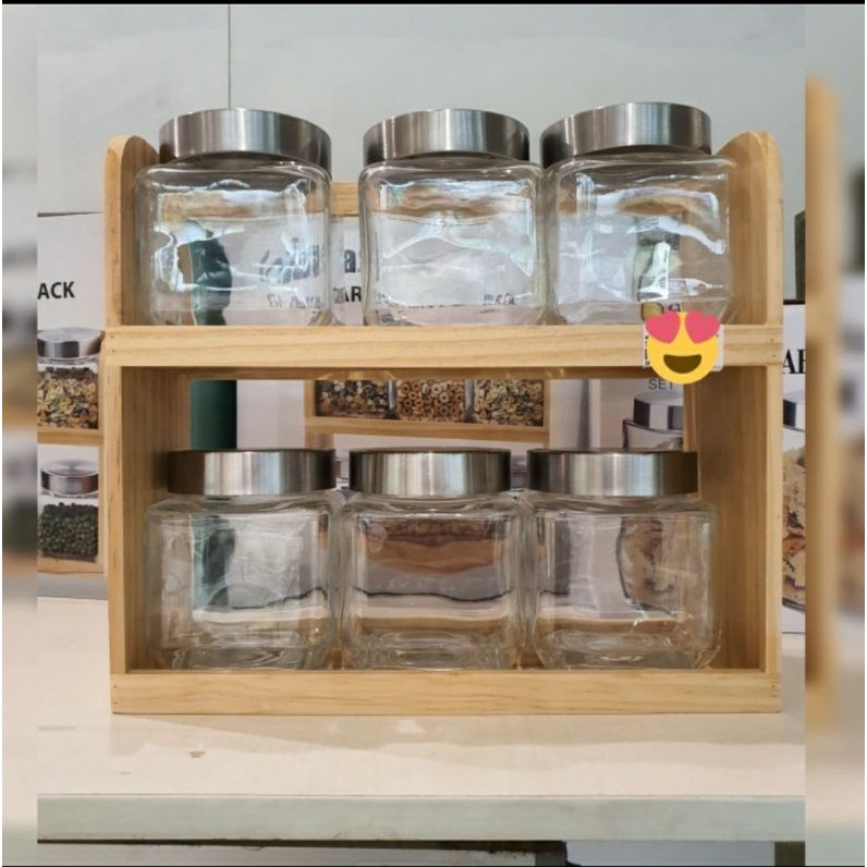 Set Toples Set 6pc Dengan Rak Toples Kaca Set 6pc Dengan Rak