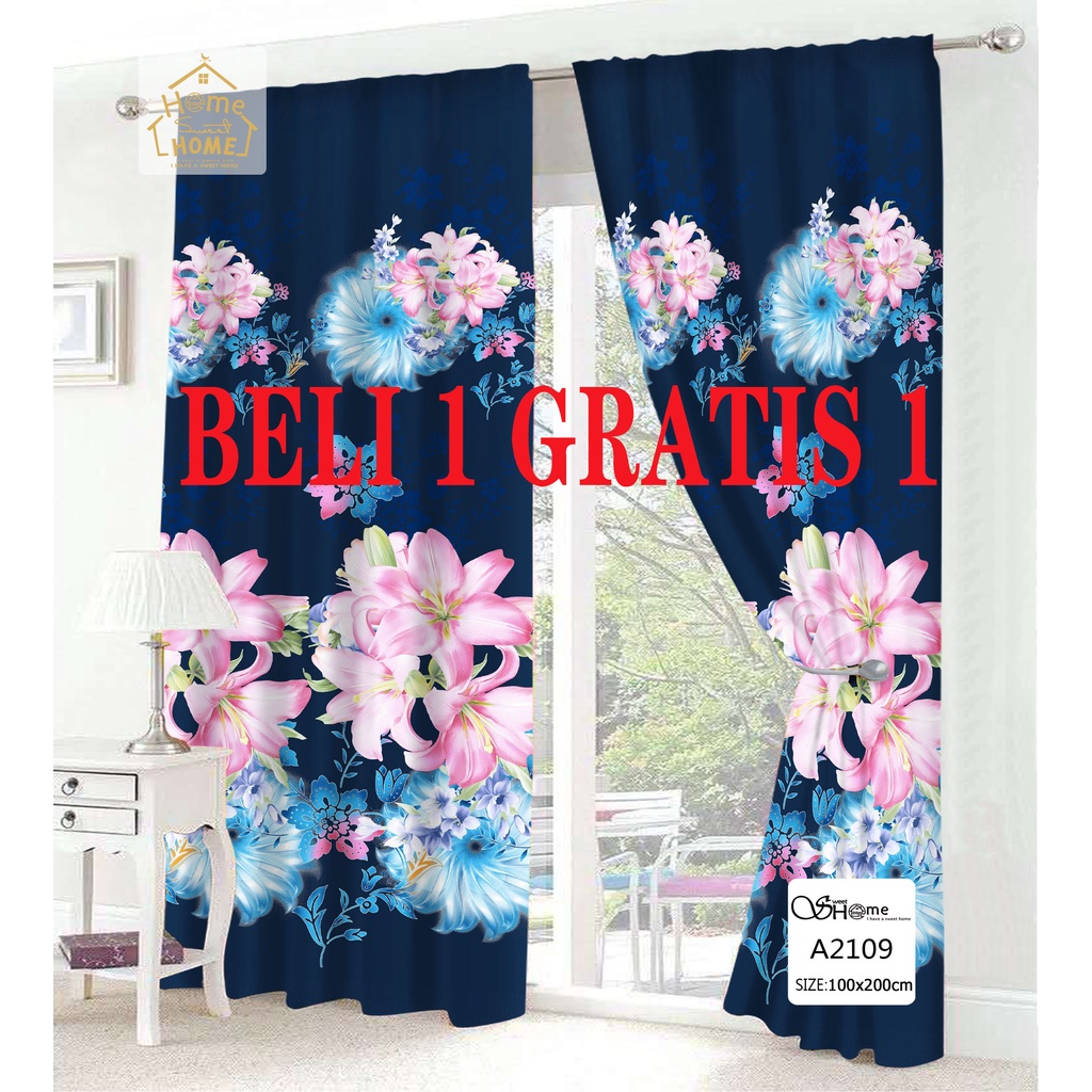 Hordeng Jendela BELI 1 GRATIS 1 Gorden Pintu Hordeng Jendela Minimalis Gorden Serut Motif Bunga Tira