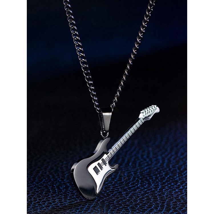 Kalung Rantai Liontin Gitar Musik Rock Warna Emas Hitam Silver Bahan Titanium Steel Untuk Pria Dan Wanita