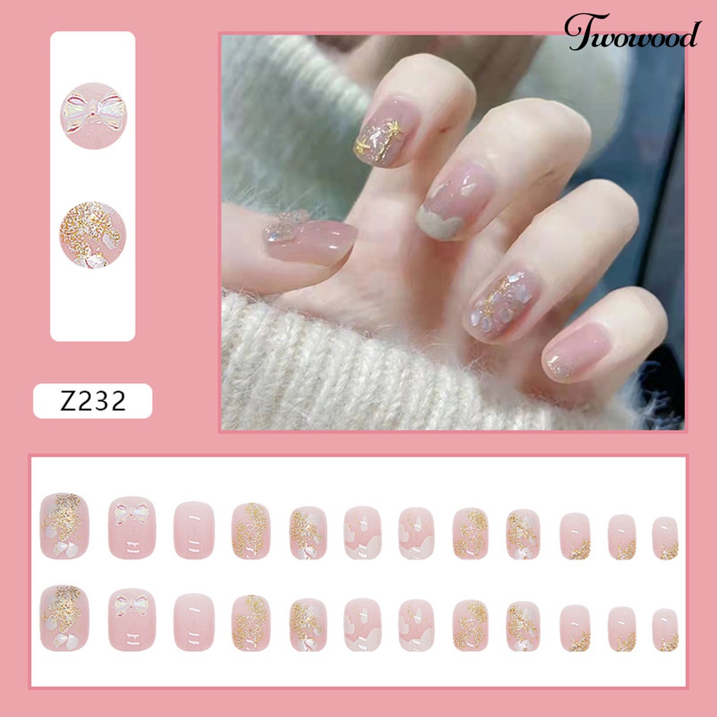 Twowood 24Pcs / Box Kuku Palsu Bahan ABS Aksen Pita + Berlian Imitasi Untuk Nail Art / Manicure Pemula