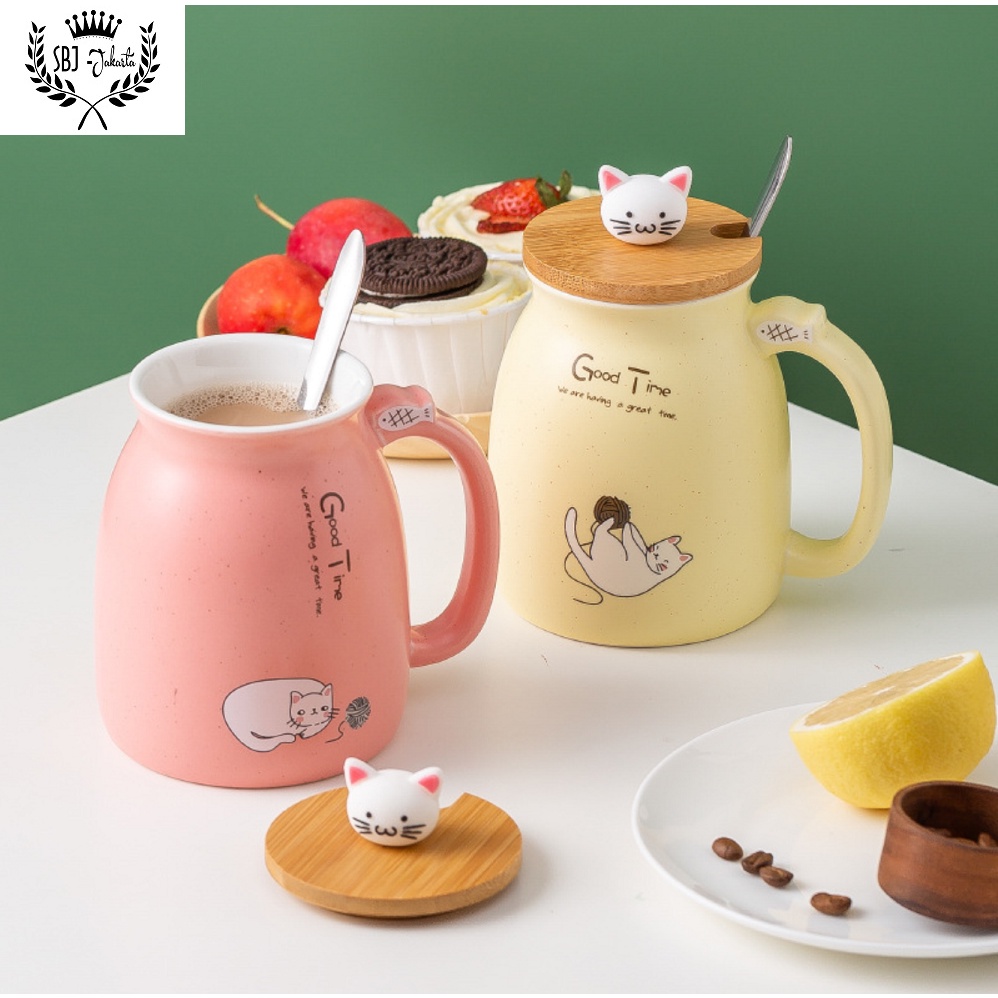 Cangkir Keramik Cat Mark Cup Gift Set Ceramic Mug 450 ml dengan sendok