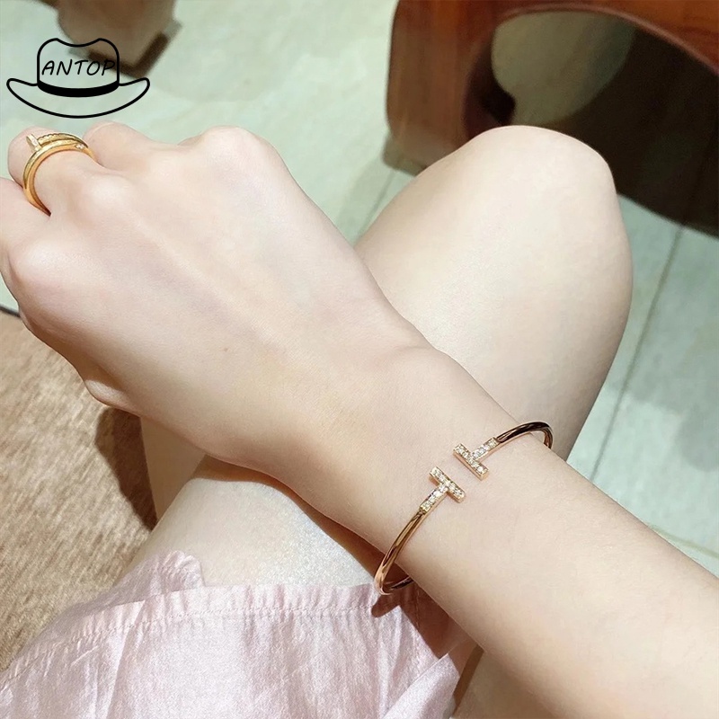 Gelang Mode Klasik/T Ganda Huruf Hias Berlian Imitasi Pembukaan Bangle ANTOP