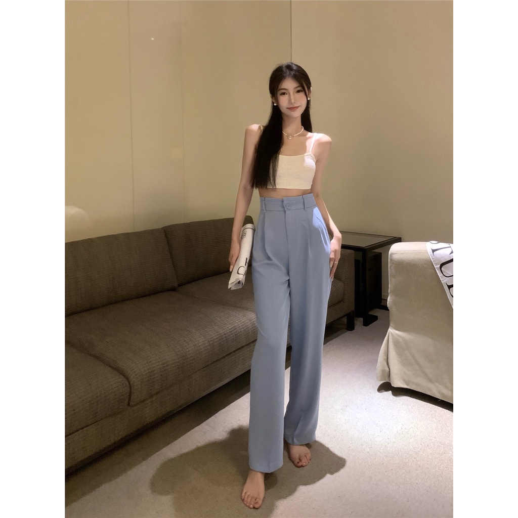 Pinggang Tinggi Setelan Lurus Celana Kasual Wanita 2022 Musim Panas Baru Hitam Slim Menggantungkan K