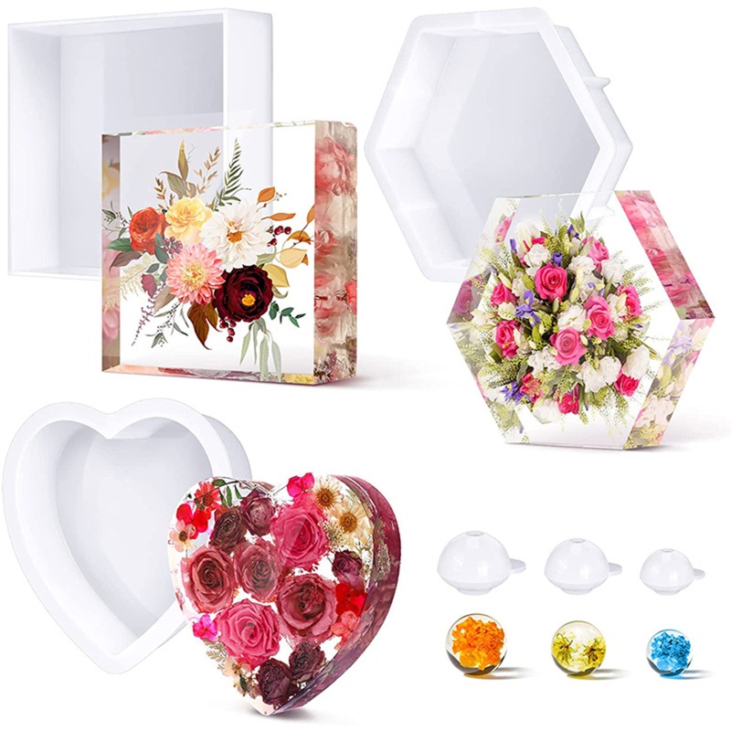 6pcs Cetakan Resin Bentuk Hati Geometris Heksagonal Bahan Silikon Untuk Hadiah Valentine Pernikahan