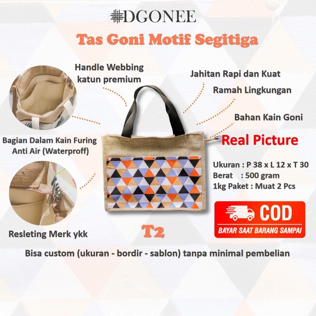 Dgonee T2 Motif Segitiga Tas Tote Bag Totebag Kain Goni Belanja Kerja  Wanita Cewek Custom | T210