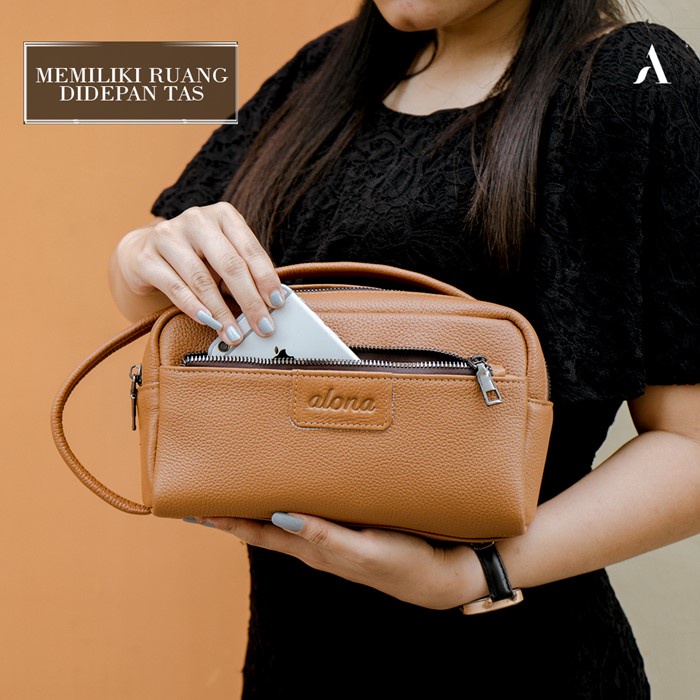 Alona Premium Pouch Hand Bag Tas Tangan Wanita Cewek Branded Bahan 100% Kulit Sapi Asli Original