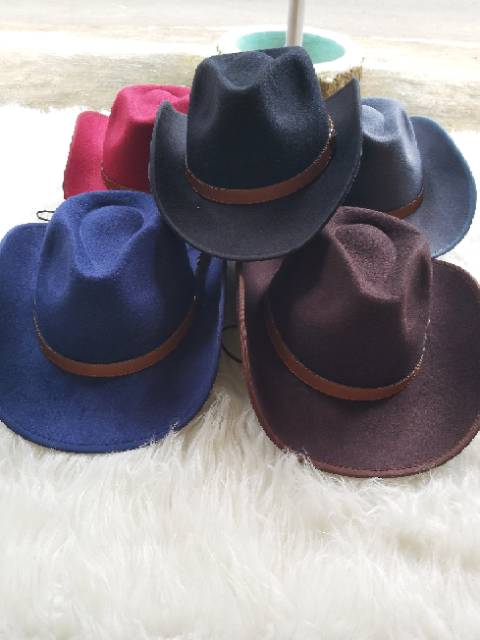 Topi Koboy High Class Koboi  bludru import  fedora Cowboy laken tali gesper