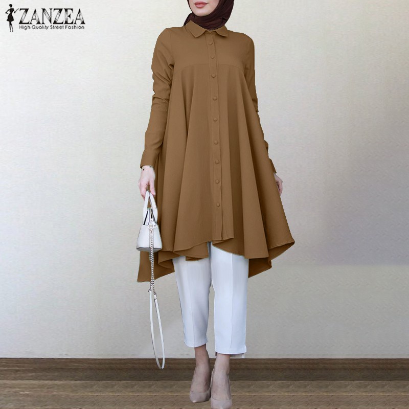 ZANZEA Women Casual Turn-Down-Collar Long Sleeve Muslim Blouse