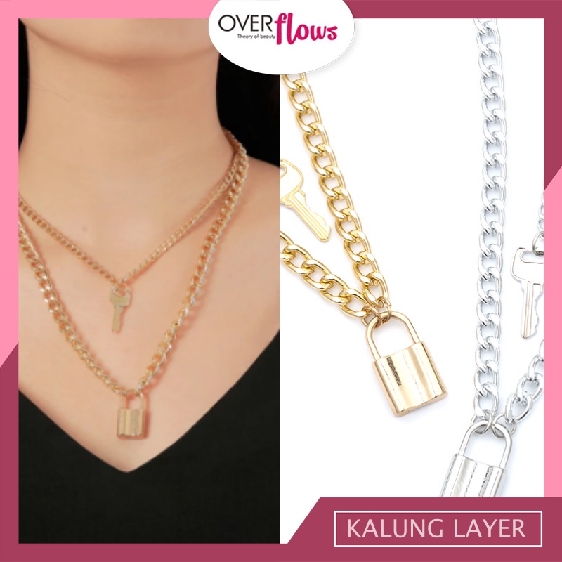 OVERFLOWS.ID Kalung Choker Kunci Gembok Kalung Multilayer Rantai Liontin Gembok Kunci Model Retro
