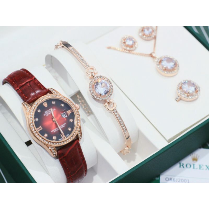 (LV)JAM TANGAN ROLEX NEW COLLECTION FASHION WANITA TALI KULIT PREMIUM RING KOMBI DIAMOND FREE BOX OR