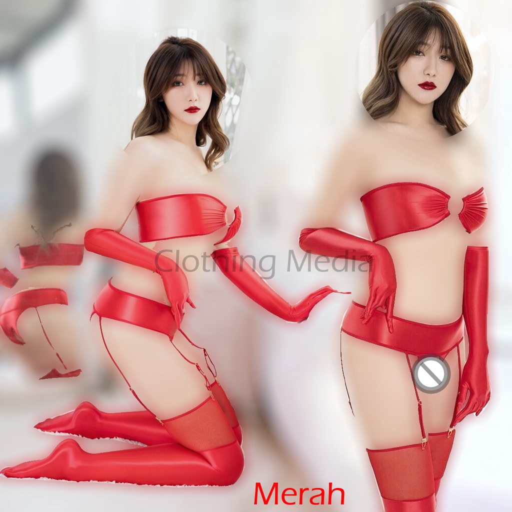 Lingerie Silky Set Bra Stocking Garter Belt Set Sarung Tangan Halus Glossy