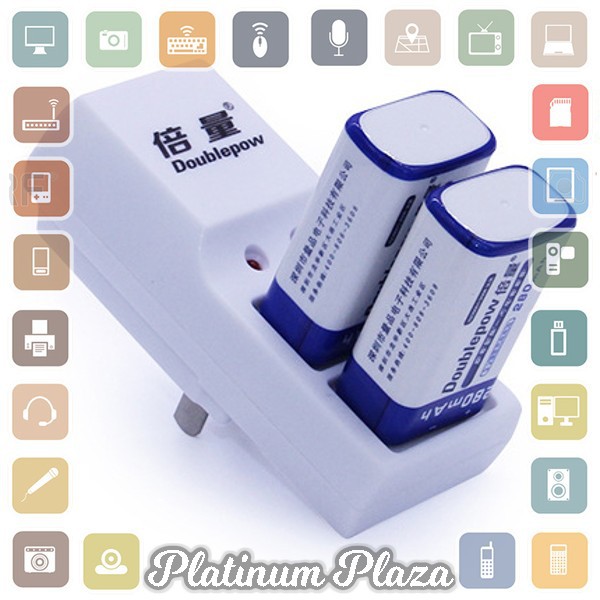 DOUBLEPOW Charger Baterai 2 slot for 9V with 2 PCS 9V Battery 280mAh - DB-B09 - White`1243LC-