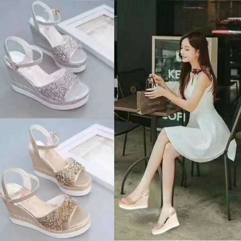 WG01 SEPATU SANDAL WEDGES RINGAN IMPORT WANITA KOREA PESTA PARTY ORIGINAL AKSEN GLITTER