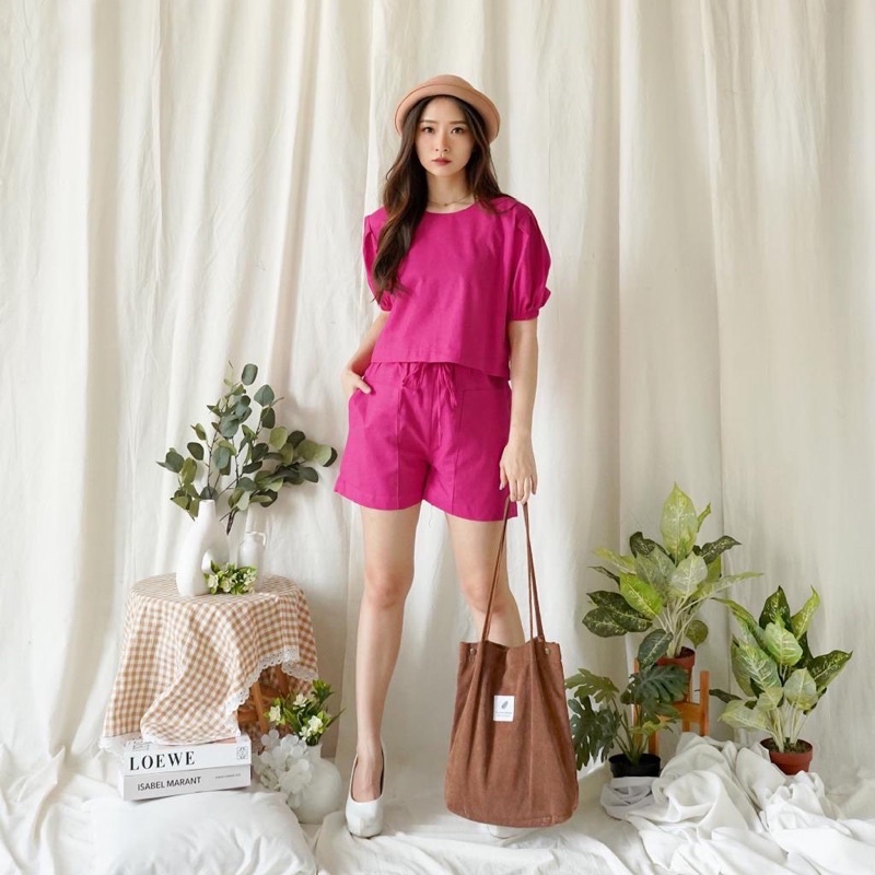 kode 2999 setelan wanita set import katun linen lucu bagus murah cute crop top balon lengan korean s
