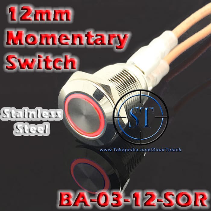 Switch Push ON 12mm O MERAH Momentary Klakson stainless steel Saklar Tombol Tekan On Off LAmbang Ring Lampu Led Waterproof Mobil Motor