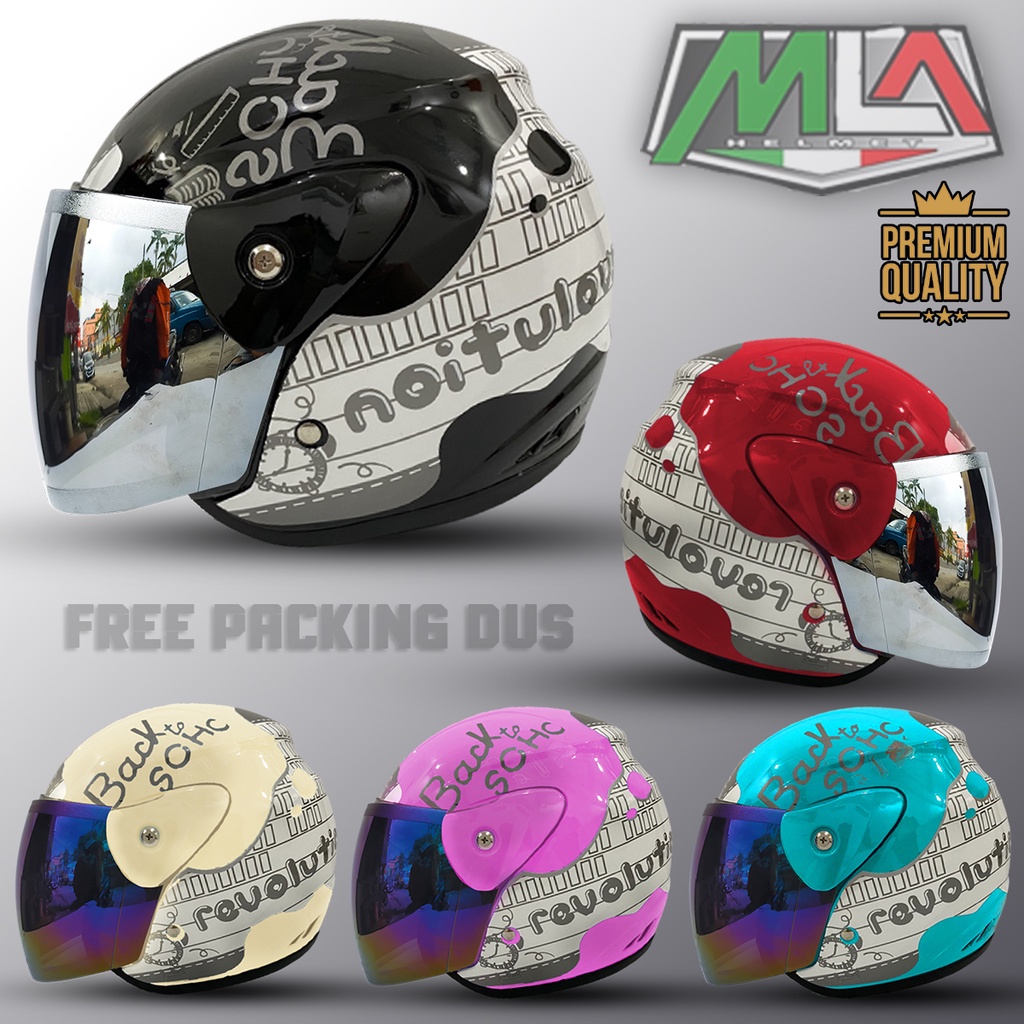 Helm Half Face Dewasa Evo Evolution Note Kaca Silver / Pelangi - Helm Premium Untuk Wanita Dewasa Hijab SNI