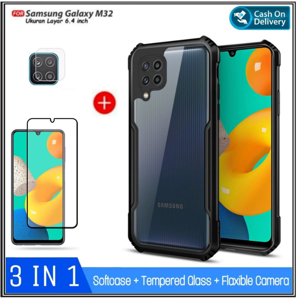 PAKET 3IN1 Case Samsung M32 4G Hard Soft Fusion Armor Shockprooft TPU HD Trasnparan Acrylic Casing HP Cover &amp; Tempered Glass Layar dan Anti Gores Camera Bisa COD DI ROMAN ACC