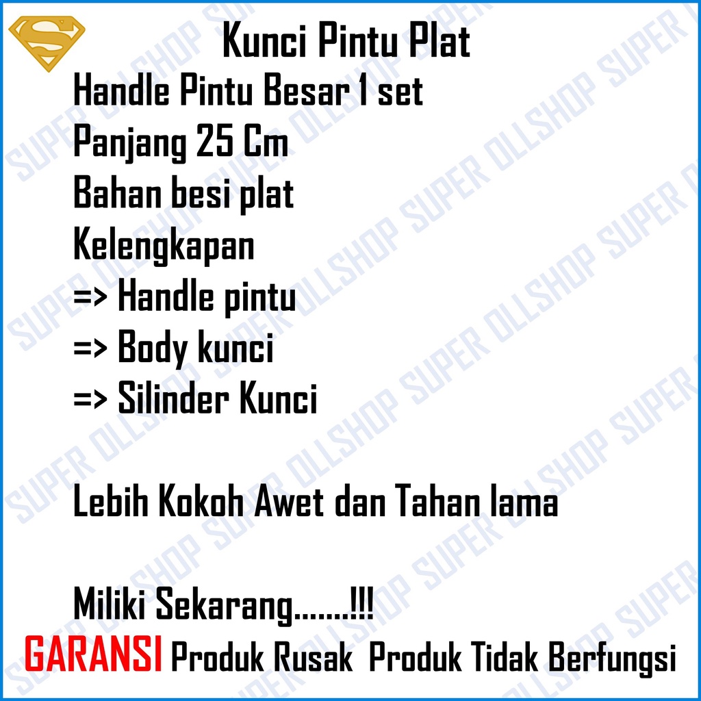 Kunci Pintu Besar Plat Putih Kuning Panjang 25 cm / Handel Pintu Besar Plat / Handle Pintu Rumah Besar / Slot Kunci Pintu Rumah Murah