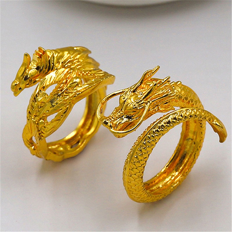 Fashion Golden Phoenix Dragon Cincin Pasangan Pria Wanita Perhiasan Baja Titanium Pernikahan Terbuka Cincin Ukuran Dapat Disesuaikan