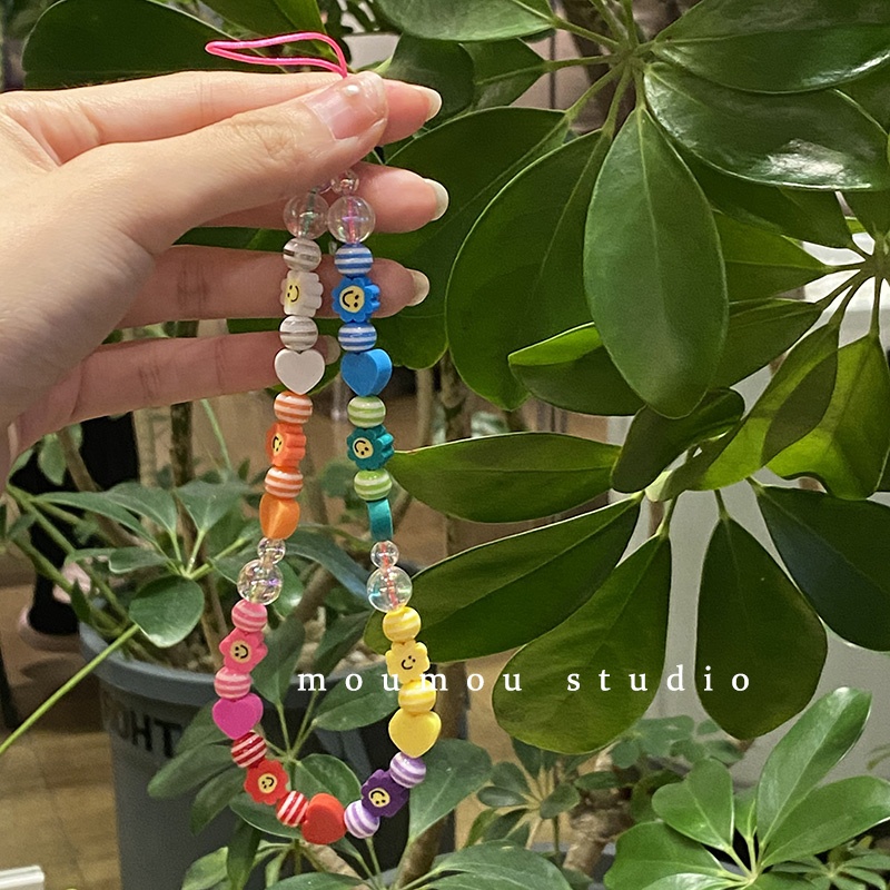 Tali Lanyard Rantai Manik-Manik Akrilik Motif Bunga Warna-Warni Anti Hilang Untuk Case Hp