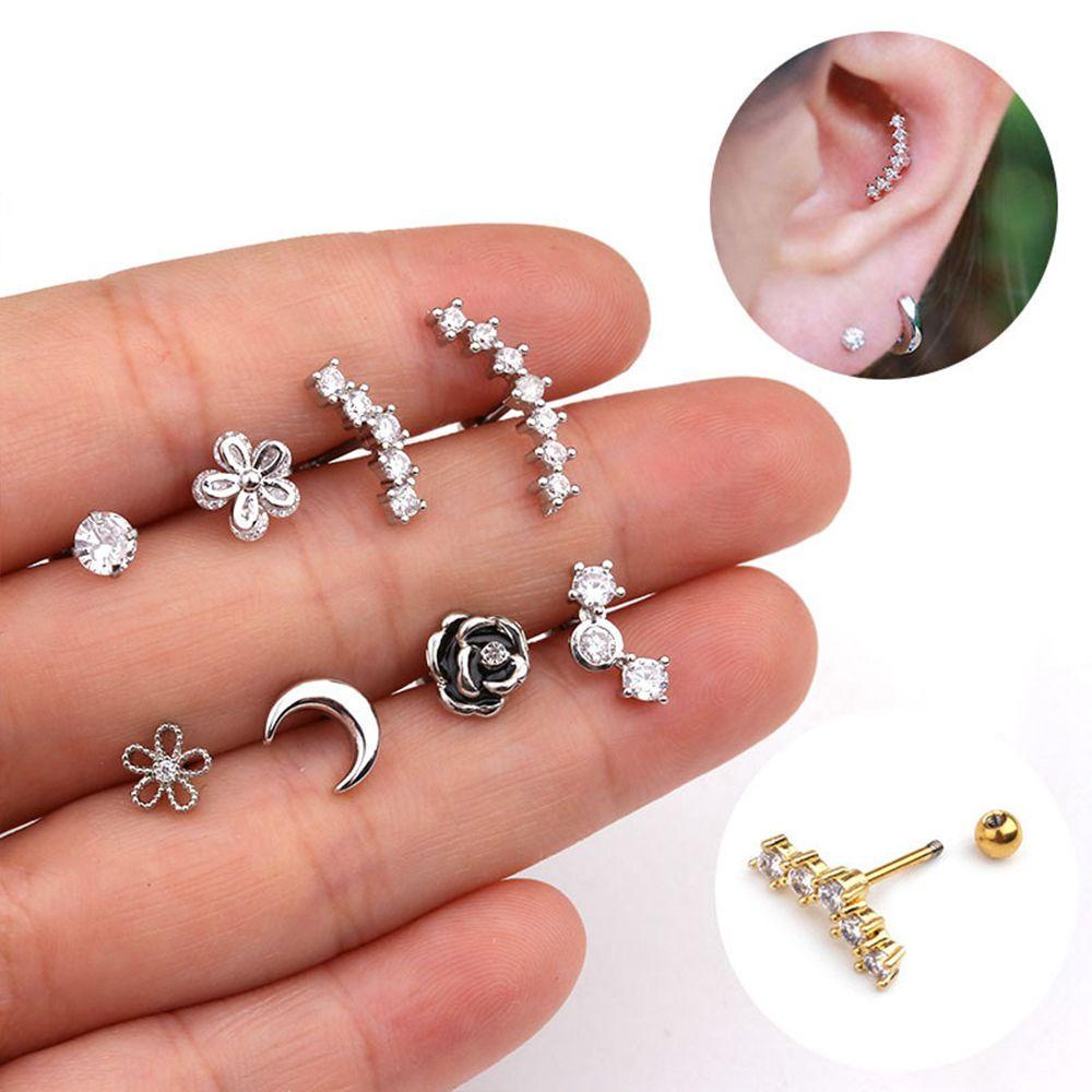 Solighter 1PC Anting Tindik Kristal Silver/Gold Bunga Mawar Bulan Gelombang Helix Tragus Studs