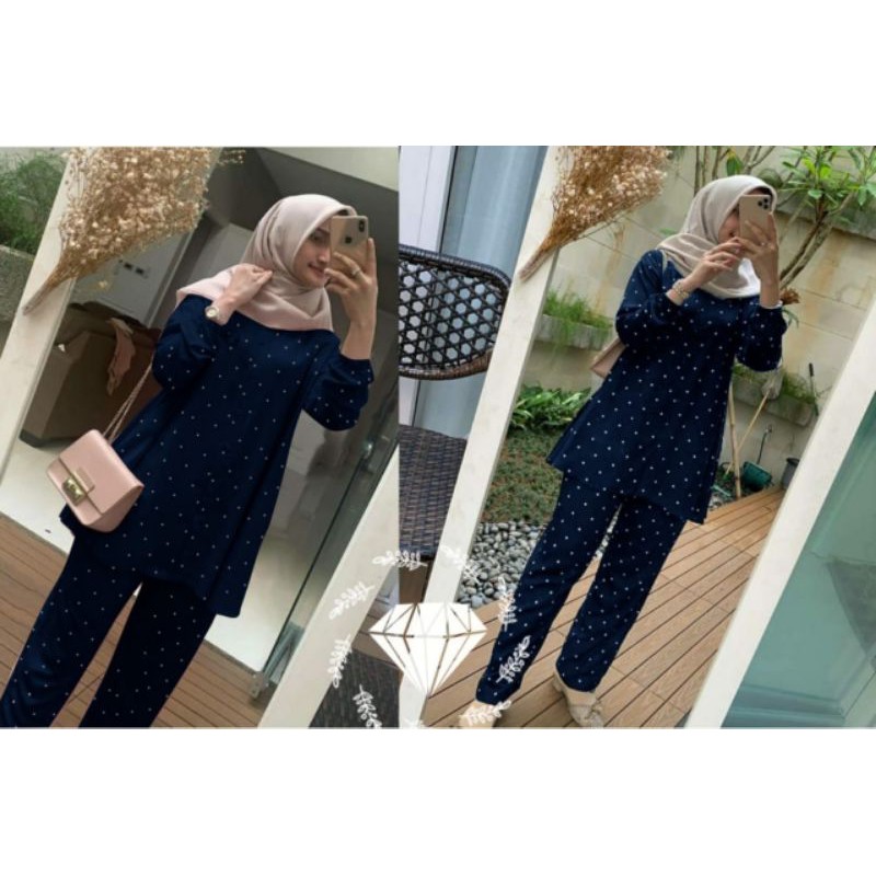 SET CELANA ELMA POLKA MONALISA, GAMIS HIJAB MUSLIM, SETELAN