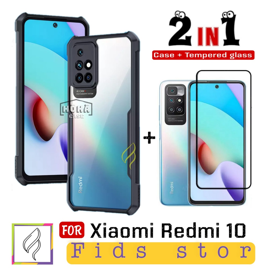 PROMO 2in1 CASE XIAOMI Redmi 10 Case ShockProof Transparan Free Tempered Glass List Hitam &amp; Bening