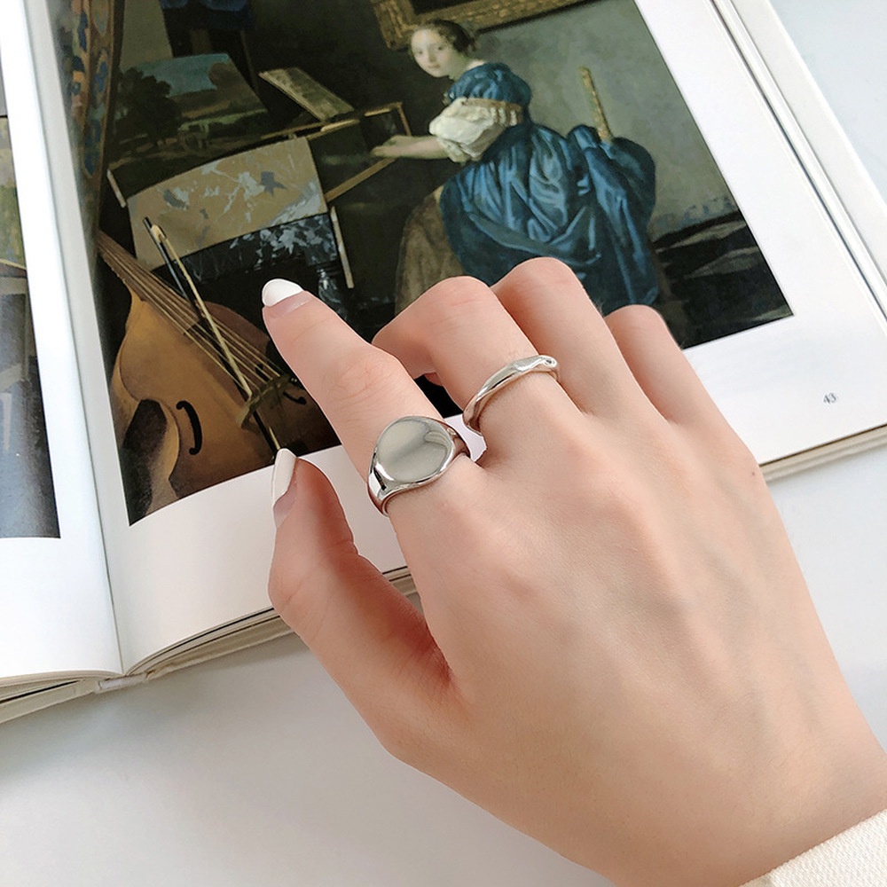 European and American Street Shooting S925 Silver Round Ring Cold Wind Geometric Simple Wide Smooth Square Opening Ring Ring Retro