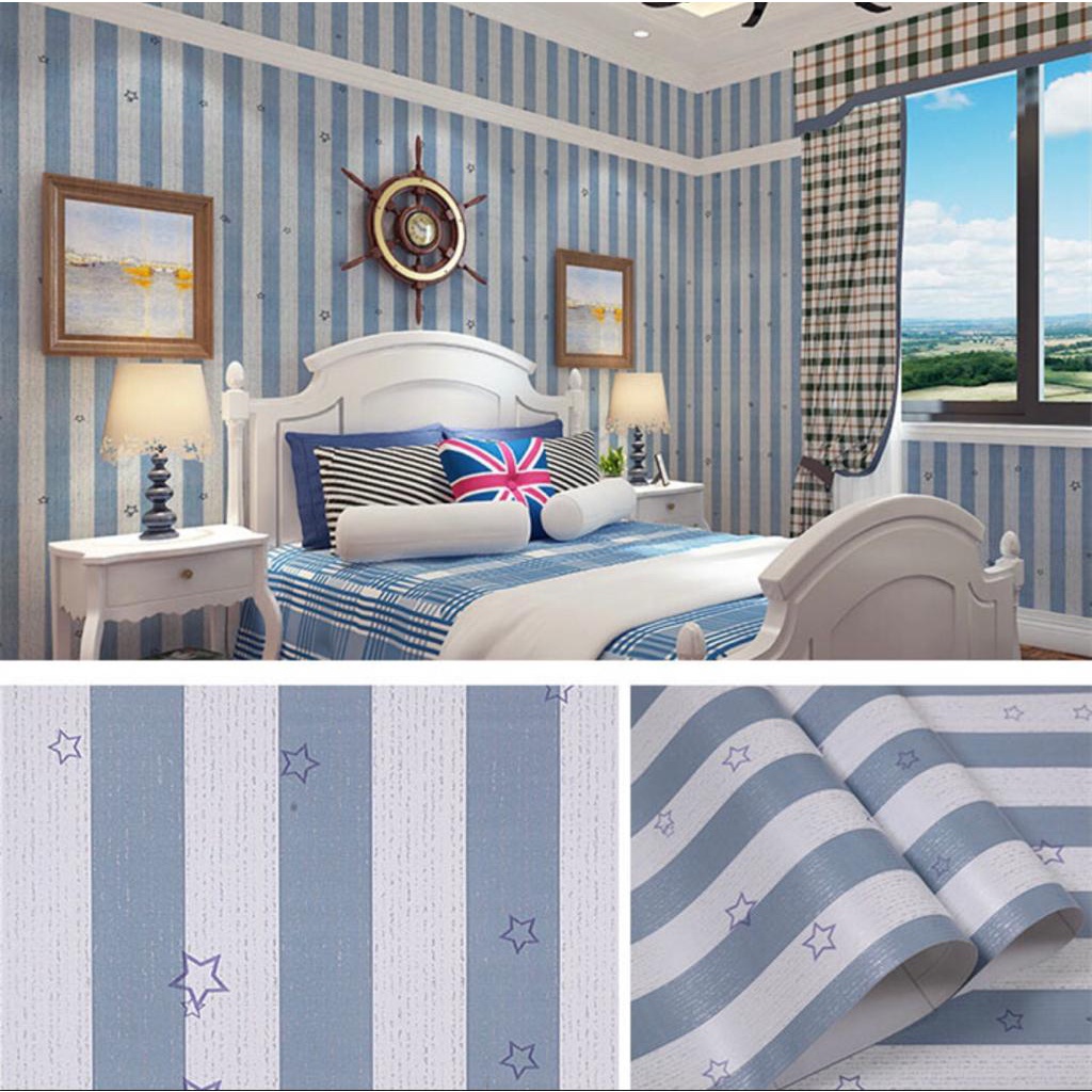 Jual Wallpaper Dinding Salur Bintang Biru 10m X 45cm Shopee Indonesia