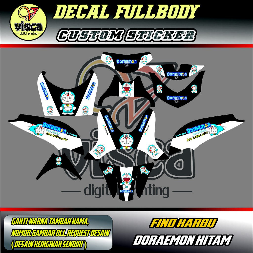 STIKER VARIASI DECAL STRIPING FULL BODY FINO KARBU DORAEMON HITAM PUTIH