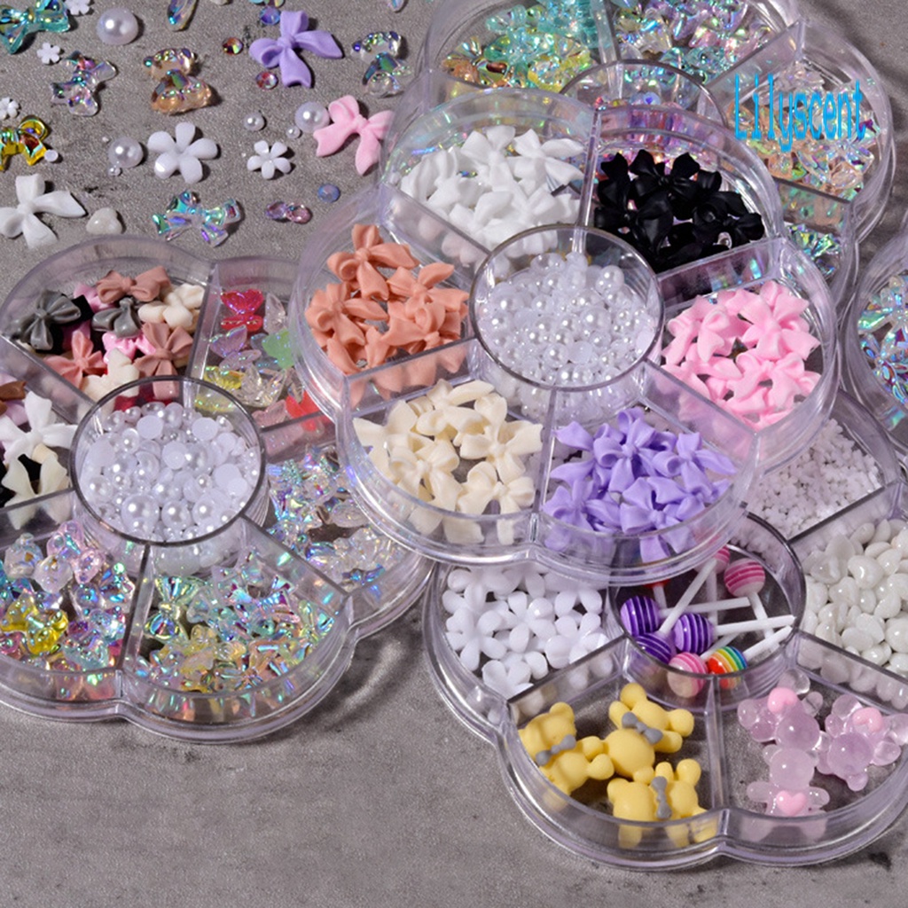 Lily 1 Kotak Manik-Manik Mutiara Imitasi Bentuk Pita / Beruang Untuk Dekorasi Nail Art DIY