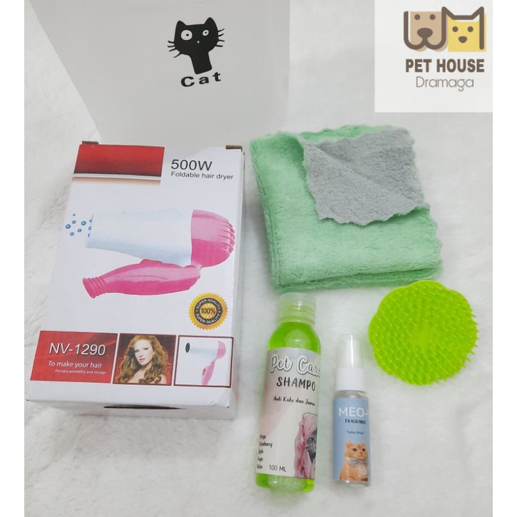 Paket Grooming Kucing Hemat | Hairdryer+Shampoo+Parfume+Handuk+Sikat+Pouch