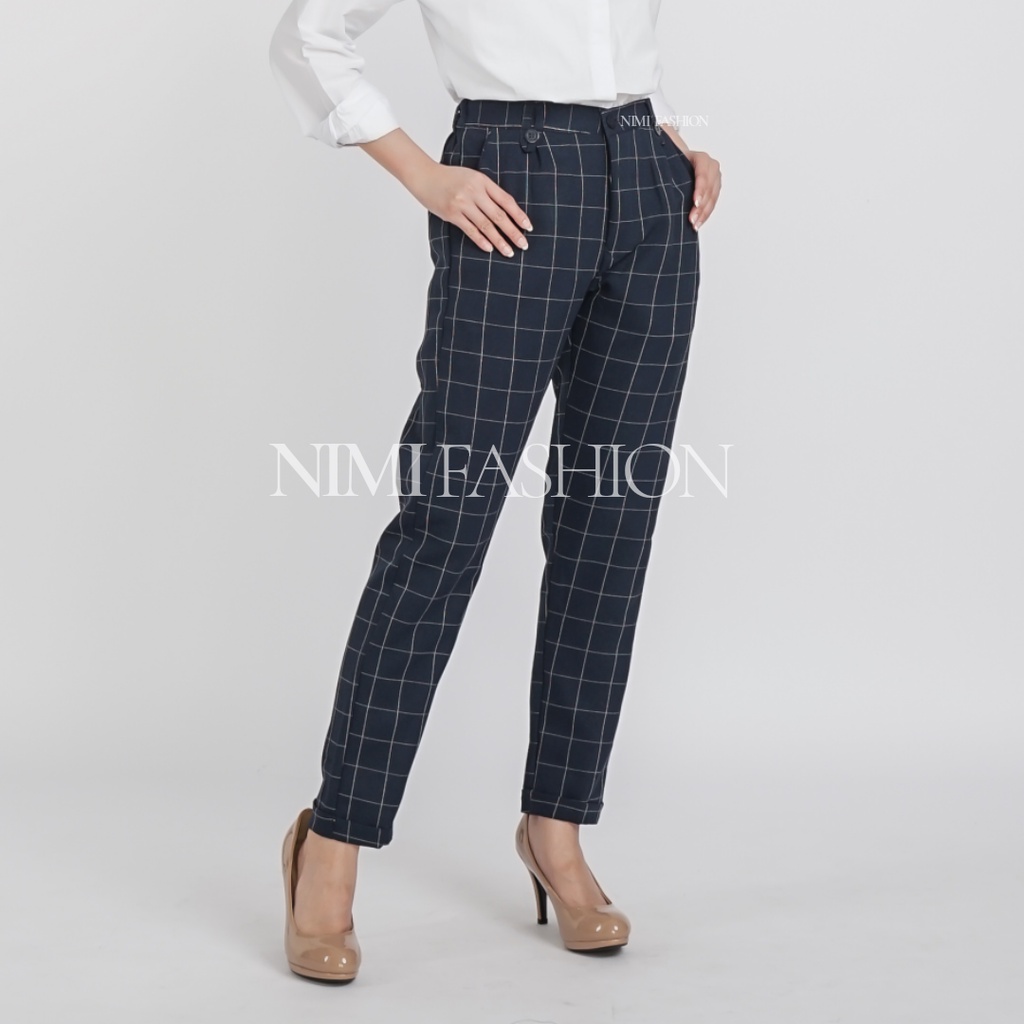 NIMI - Celana Tartan Wanita Bawahan Baggy Pants Kotak Wanita Pinggang Karet