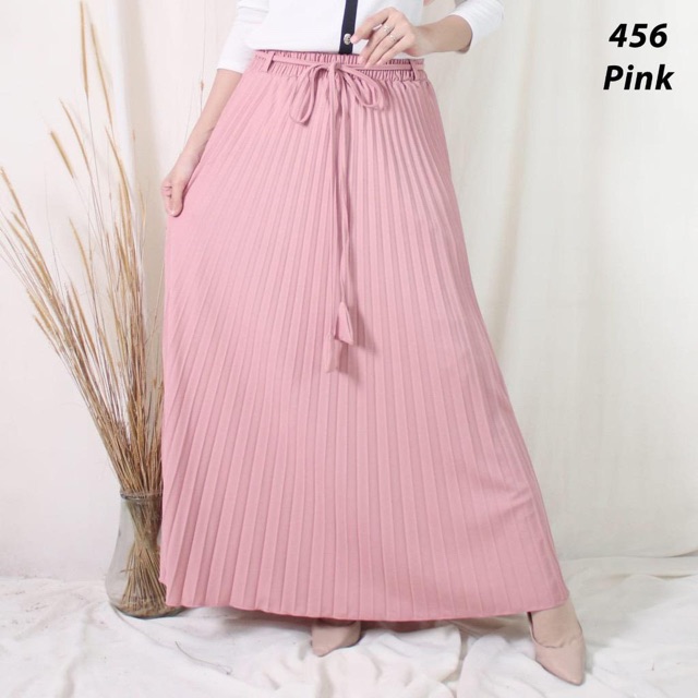 456 - BD ROK PLISKET TALI PINGGANG POLOS ABG ANAK MUDA PLEATED SKIRT FLARE MAXI PANJANG HYGET MURAH