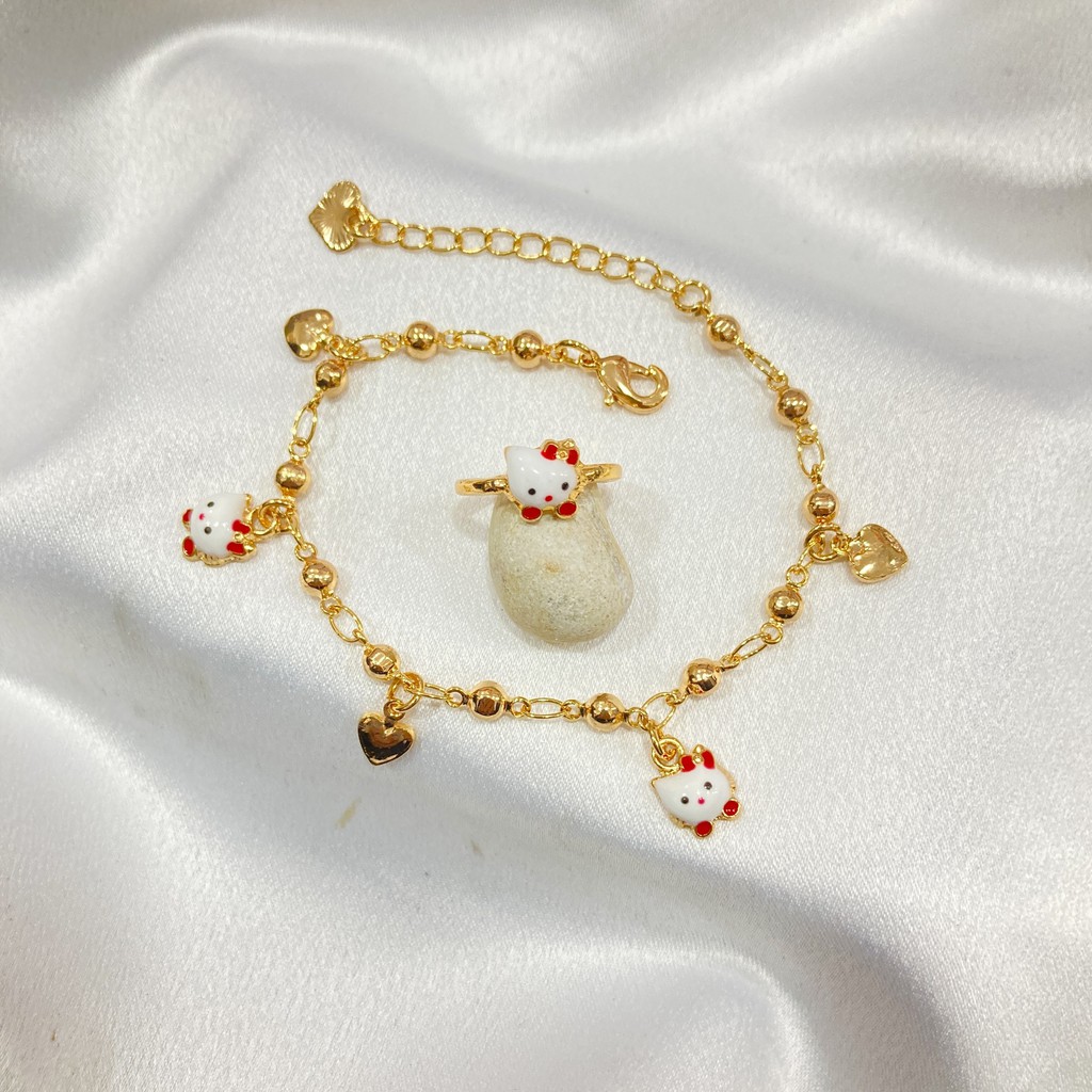 Set Perhiasan Anak Kalung Gelang Cincin Anting Cat Merah Lapis Emas