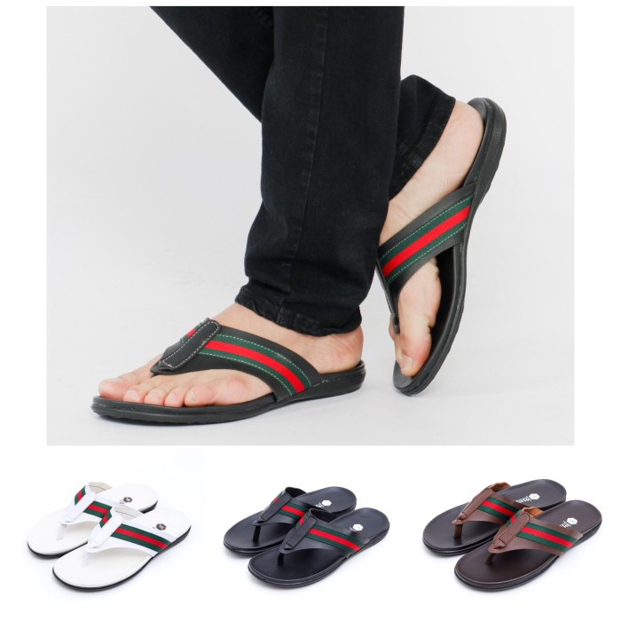 (BISA COD) Sandal Kulit Sandal Casual Sandal Jepit Sandal Pria model Gucci - Hitam, 41