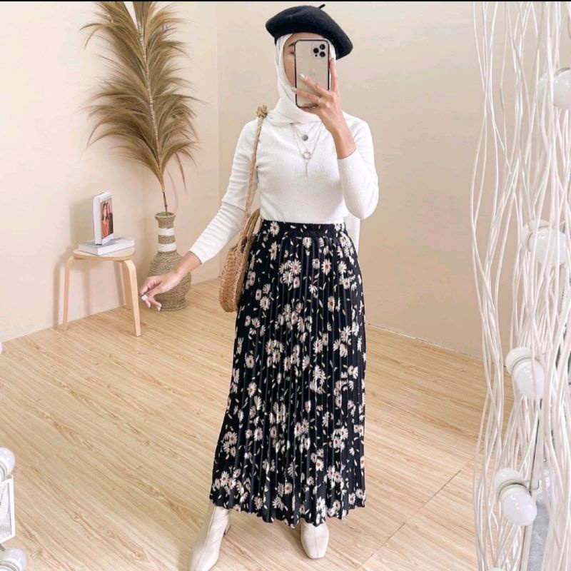 NEW Rok Plisket Bunga Tangkai Daisy import bahan Hyget Premium size fit to xl